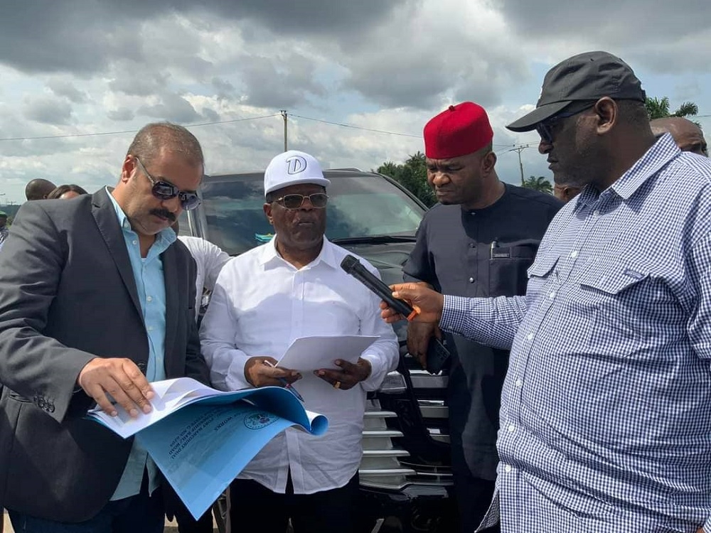 Honourable Minister, Federal Ministry of Works, Senator Dave Umahi, Director, Highways South East, Engr B. U. Obioha, Senator Onyekachi Nwebonyi, and Deputy Chairman Senate Committee on Public Account during inspection of the ongoing Rehabilitation and Reconstruction of Enugu - Port-Harcourt Dual Carriageway, Section II: Umuahia Tower-Aba Railway Bridge Crossing in Abia State