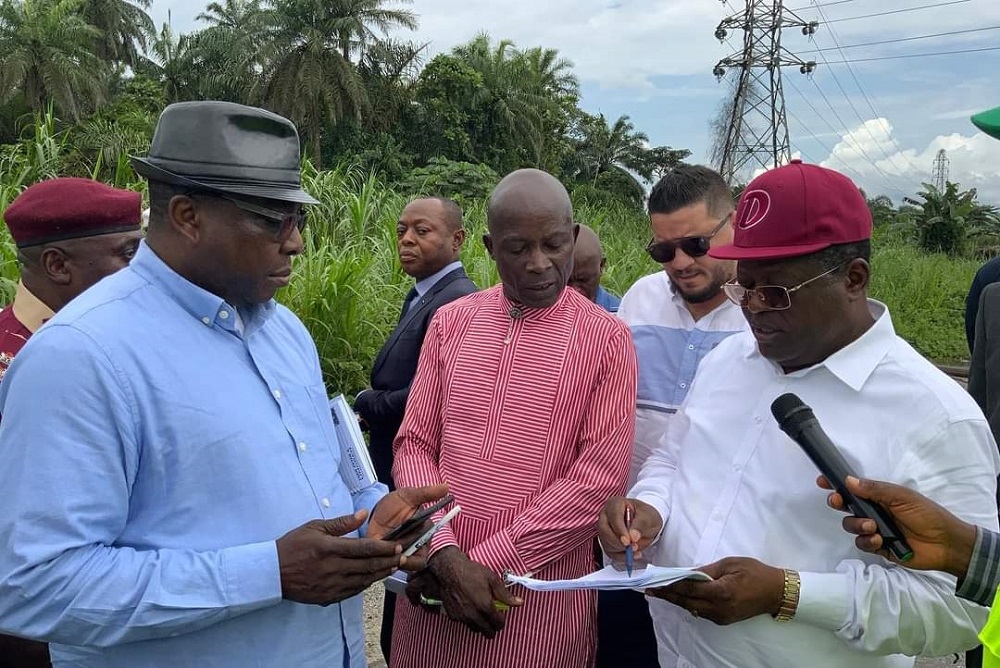 Honourable Minister, Federal Ministry of Works, H.E. Sen (Engr) David Nweze Umahi CON during the inspection of the Construction of Yenegwe–Okaki–Kolo Road in Bayelsa State on the 19th September, 2023