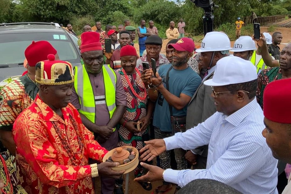 L-R  Honourable Minister, Federal Ministry of Works, Senator Dave Umahi and Director, Highways South East, Engr B. U. Obioha during  inspection of the ongoing Rehabilitation of Achingali-Udoobi-Udo-Na-Umu Uwanna-Ubakala Road including Bridges across Imo River in Imo States on the 8th September, 2023