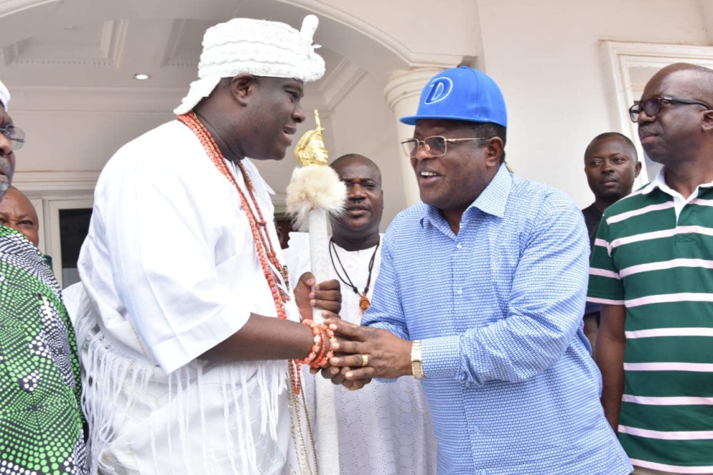 Honourable Minister, Federal Ministry of Works, Senator Dave Umahi on a courtesy visit to His Majesty, Adeyemi Ogunwusi, the Ooni of Ife at his Palace in Ife, Osun State