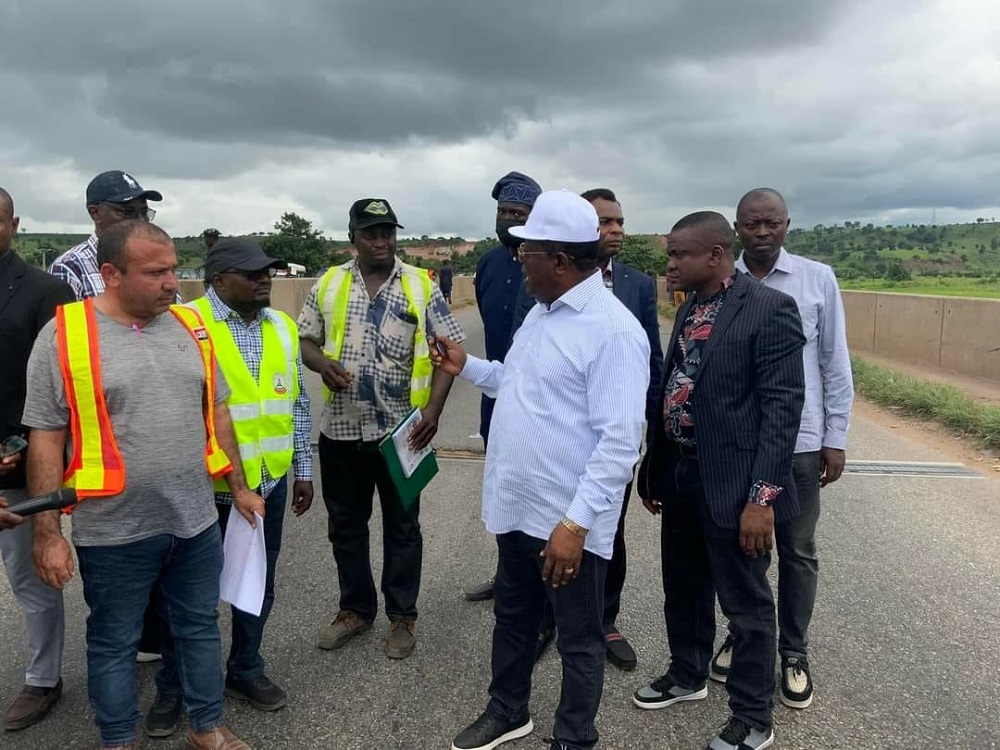 Honourable Minister of Works, H.E (Engr) Nwaze David Umahi and some management staff inspecting the Dualization of Abuja–Lokoja Road, Section II, Sheda – Abaji on the 17th of September, 2023