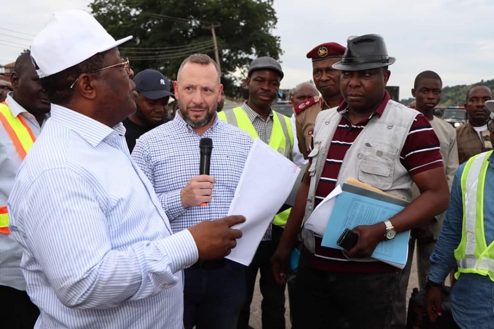 Honourable Minister, Federal Ministry of Works, H.E. Sen ( Engr ) David Nweze Umahi. CON and Director Highway South South, Engr C.A Ogbuagu with some management staff at the inspection of the  Dualization of Lokoja – Benin Road: Obajana Junction  – Benin Section II: Okene – Auchi in Kogi/Edo States