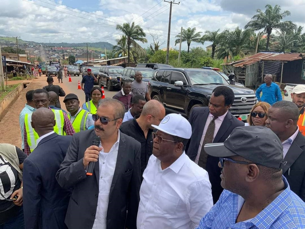 ongoing Rehabilitation of Old EnuguHonourable Minister, Federal Ministry of Works, Senator Dave Umahi, Director, Highways South East, Engr B. U. Obioha and members of the press at the inspection of the ongoing Rehabilitation of Old Enugu-Onitsha Road (Opi Junction-Ukehe Okpatu-Aboh Udi-Oji to Anambra Border) in Enugu State