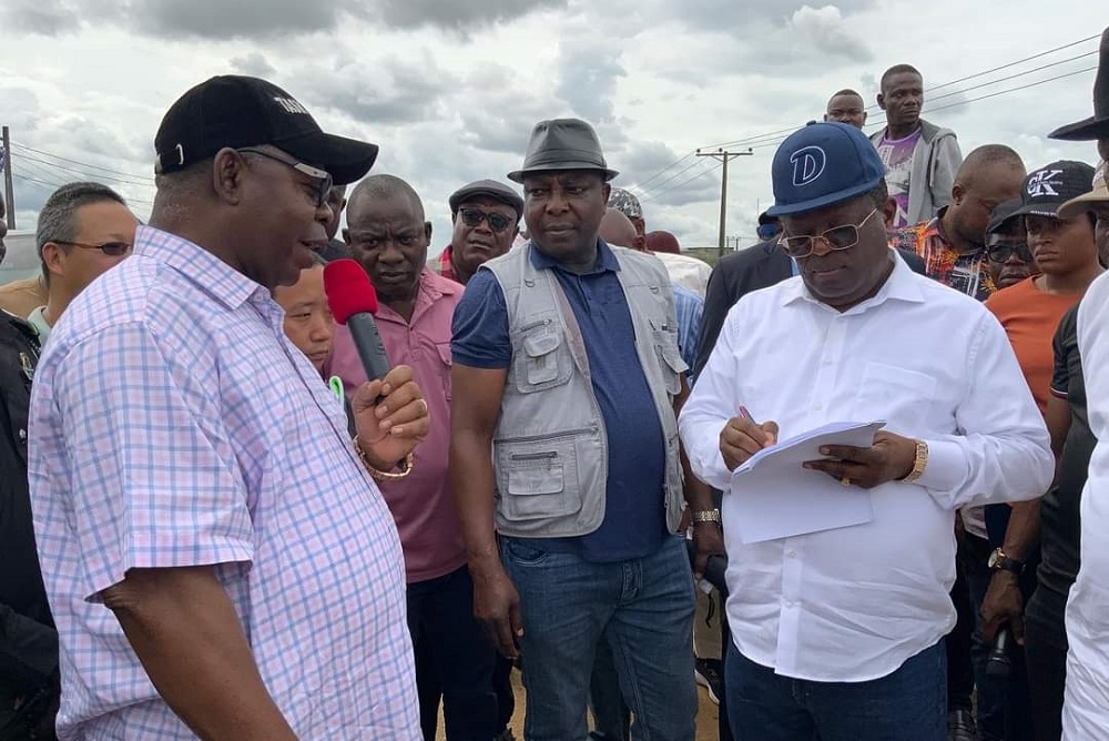 Honourable Minister, Federal Ministry of Works, H.E. Sen (Engr) David Nweze Umahi. CON, Deputy Governor of Delta State, Chief (Sir) Monday John Onyeme, and Director Highway South South, Engr C.A Ogbuagu at the inspection of the Dualisation of Sapele-Agbor–Ewu Road, Section I: Sapele–Agbor in Delta State