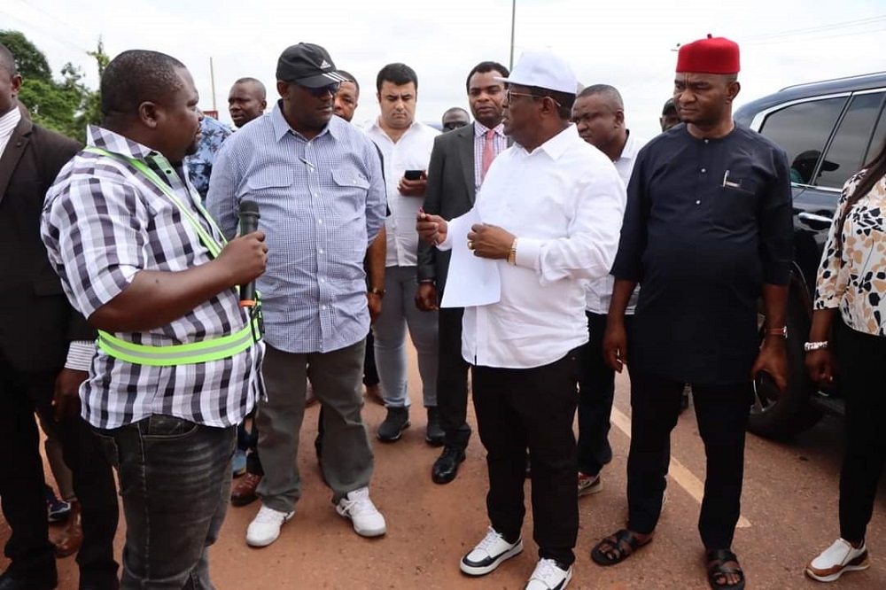 Honourable Minister, Federal Ministry of Works, Senator Dave Umahi and Senator Onyekachi Nwebonyi, Deputy Chairman Senate Committee on Public Account during the inspection of the Rehabilitation of Abakaliki-Afikpo Road, Section I Abakaliki-Onueke-Abomega Road in Abakaliki, Ebonyi State