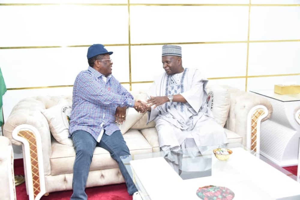 Honourable Minister of Works, His Excellency, Sen. Engr. Nweze David Umahi, CON with the Governor of Gombe State, His Excellency, Muhammadu Yayaha Inuwa,  in a meeting in his office on 17th November, 2023