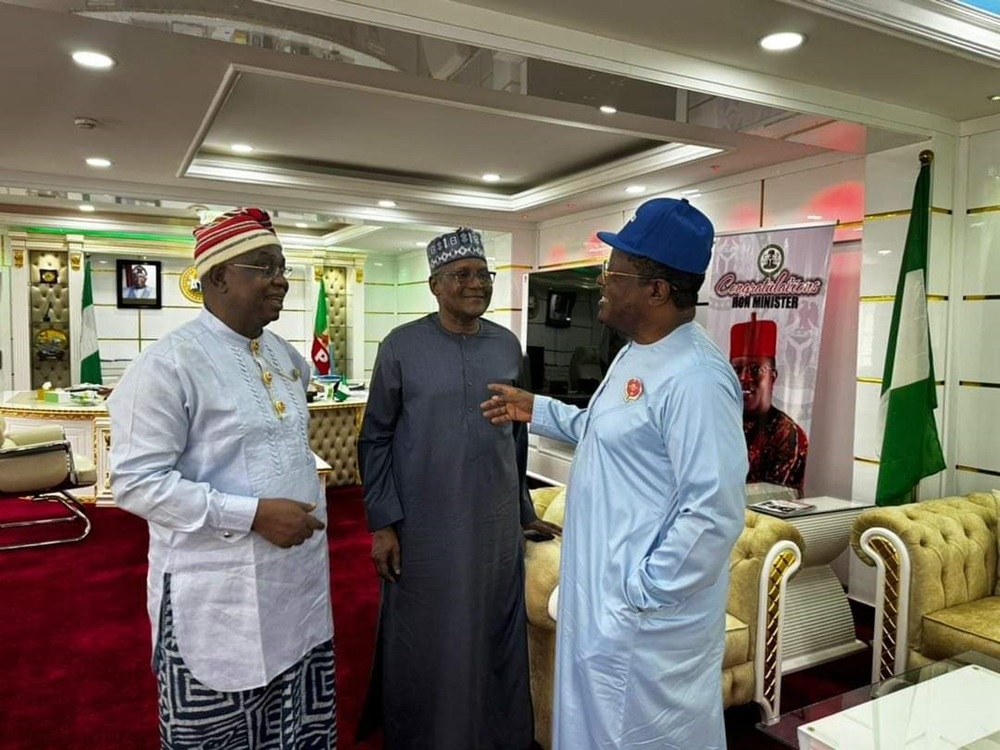 From right to left: H. E Sen. Engr. Nweze David Umahi, CON, Hon. Minister of Works; Alhaji Aliko Dangote, CEO Dangote Group of Companies: Sen. Sunny Ogbuoji, former Senator rep Ebonyi South Senatorial Zone, during their respective visit to the Hon. Minister of Works in his office  on  Saturday, 18th November, 2023.