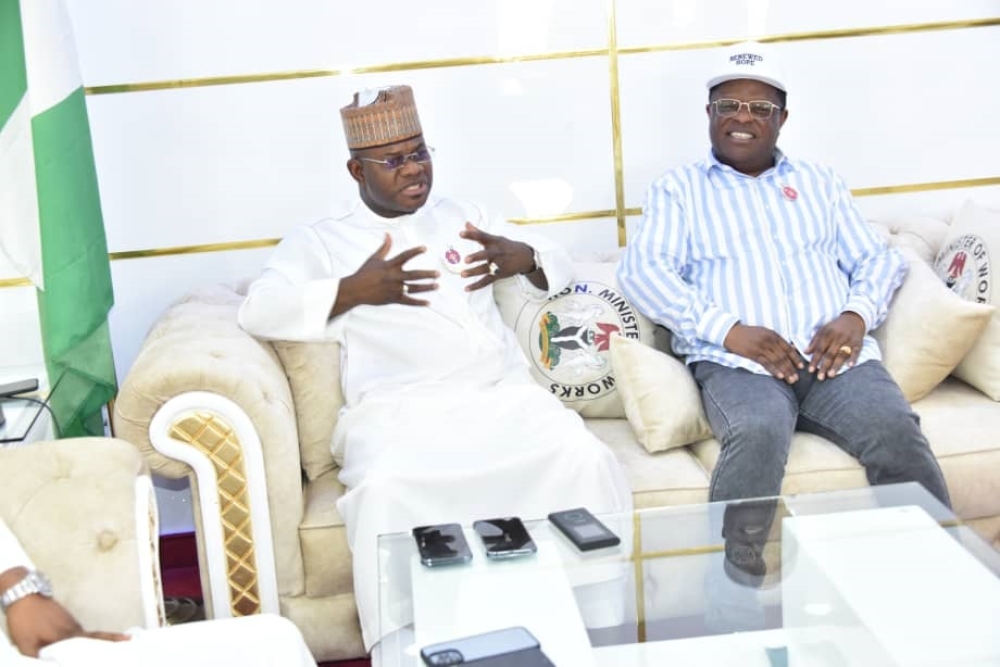 Honourable Minister of Works, Sen. Engr. Nweze David Umahi (Centre) with Governor of Kogi State, Yahaya Bello (Right) and the newly elected Governor of the State Ahmed Usman Ododo (Left) during a visit in his office at the Ministry's Headquarters, Abuja on Thursday, 30th November 2023.