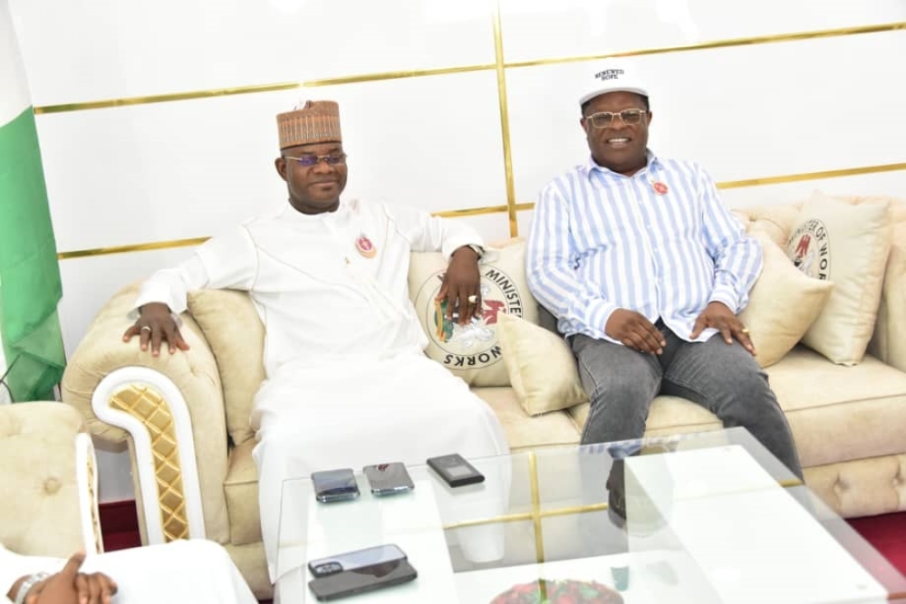 Honourable Minister of Works, Sen. Engr. Nweze David Umahi (Centre) with Governor of Kogi State, Yahaya Bello (Right) and the newly elected Governor of the State Ahmed Usman Ododo (Left) during a visit in his office at the Ministry's Headquarters, Abuja on Thursday, 30th November 2023.