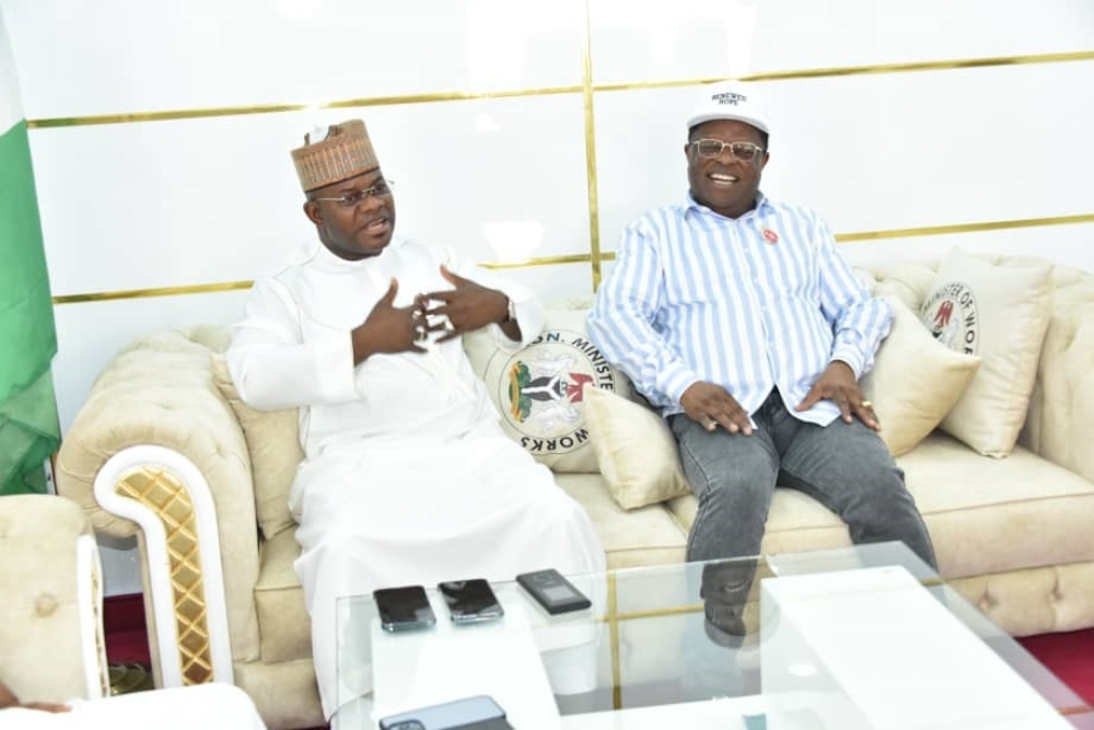 Honourable Minister of Works, Sen. Engr. Nweze David Umahi (Centre) with Governor of Kogi State, Yahaya Bello (Right) and the newly elected Governor of the State Ahmed Usman Ododo (Left) during a visit in his office at the Ministry's Headquarters, Abuja on Thursday, 30th November 2023.