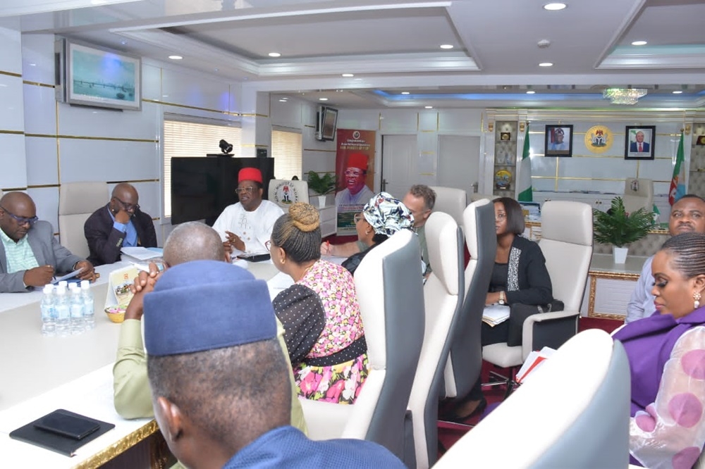 Honourable Minister of Works, His Excellency, Sen. Engr Nweze David Umahi CON during a concession review meeting with the Public Private Partnership unit of the Federal Ministry of Works led by its head, Ugwu- Chima Nnennaya (Mrs) and Messrs. BETA Transport Nigeria Ltd led by its Director, Nana Fatima Paturel, dated 13th February 2024.