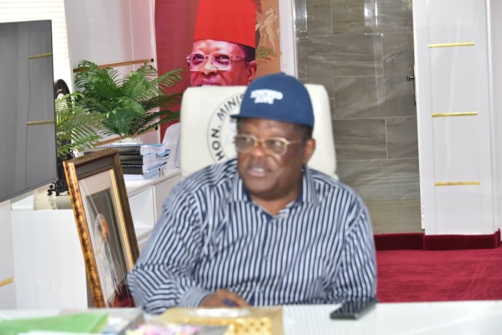Hon. Minister of Works, His Excellency Sen. Engr Nweze David Umahi CON (Right) with the Director, Infrastructure and Urban Development, Mike Salawou held at the office of the Honourable Minister Federal Ministry of Works, this 5th March 2024.