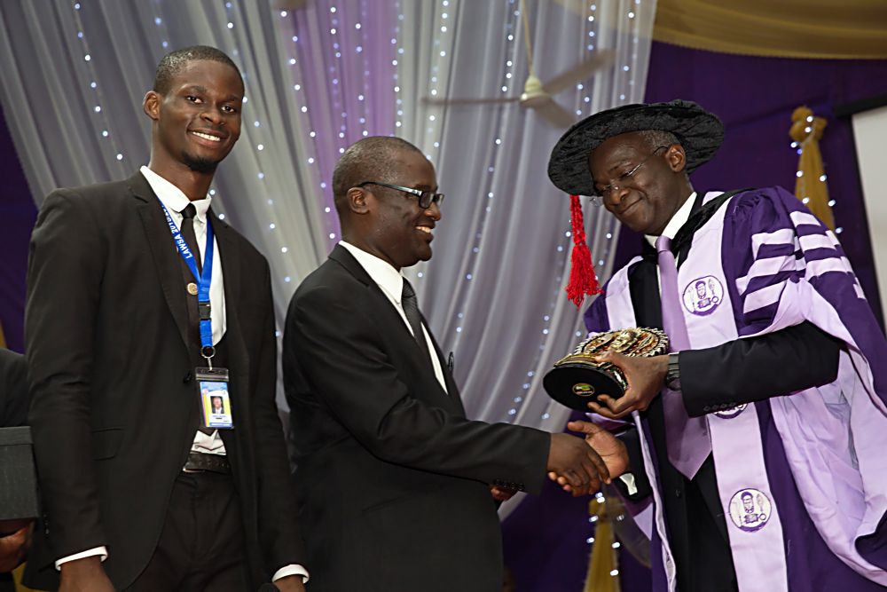 Hon Minister of Power, Works & Housing , Mr Babatunde Fashola, SAN(right), Dean, Faculty of Law, University of Benin, Prof Nathaniel Inegbedion(middle) and President, Law Students Association, Mr Daniel Odigwe(left) during  the University of Benin 42nd Convocation Lecture, on the theme, "Freedom from Fear, Choices before the New Generation,"at the Akin Deko Auditorium, Ugbowo Campus in Benin City, Edo State on Friday 25th November , 2016