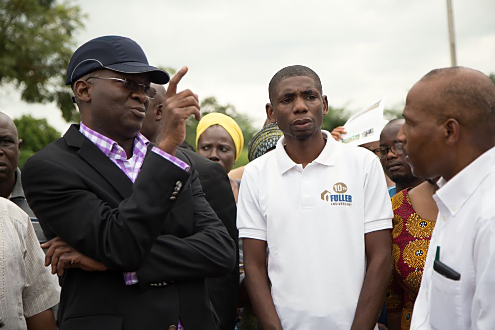 Hon.Minister of Power, Works & Housing, Mr Babatunde Fashola, SAN (left), CEO, Millard Fuller Foundation, Mr Sam Odia(2nd right) and Assistant Project Manager, Mr Jonathan Anaja(2nd left)Â during the Minister's inspection tour of the 400-Unit Affordable Housing Project - Fuller Estate at Luvu-Madaki, Nasarawa State on Friday 14th,October 2016.