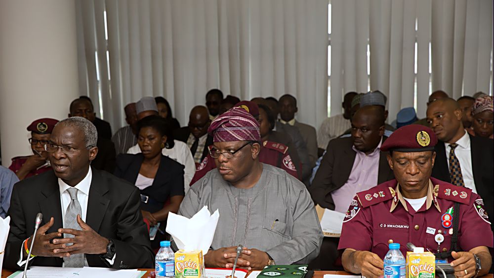 Minister of Power, Works & Housing, Mr Babatunde Fashola, SAN (left), CEO, NESG, Mr Laoye Jaiyeola (middle) and Deputy Corps Marshal, Mr Chidi Nwachukwu (right) at the Senate Committee on Works' Public Hearing on, "A Bill for an Act to Repeal the Federal Roads Maintenance Act 2007 and to Re-Enact the Federal Roads Authority Bill 2016" , "A Bill for an Act to Establish the Infrastructure Development Commission" and "The Need for the Establishment of Tollgates on our Federal Highways"  at the Senate Committee Room 301, New Senate Building , National Assembly Complex, Abuja on Monday 5th, December  2016