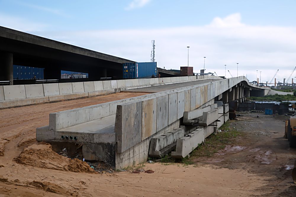 A view of the bridge during the inspection of the Rehabilitation of Access Road to Apapa/Tin Can Island Port - NNPC Depot (Atlas Cove) including the construction of a new bridge running parallel to the existing bridge from Liverpool Roundabout across Port Novo Creek in Lagos