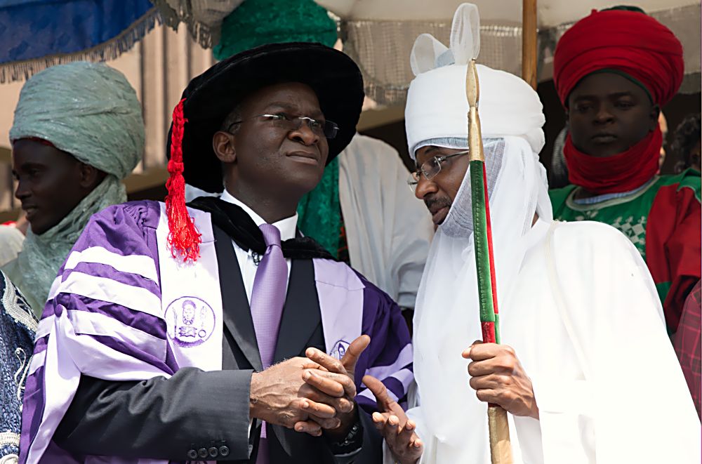 Hon. Minister of Power, Works & Housing , Mr Babatunde Fashola, SAN(left) and Chancellor University of Benin and Sarkin Kano, Muhammad Sanusi II(right) during the University of Benin 42nd Convocation Lecture with the theme, Freedom from Fear, Choices before the New Generation,"at the Akin Deko Auditorium, Ugbowo Campus in Benin City, Edo State on Friday 25th November ,2016