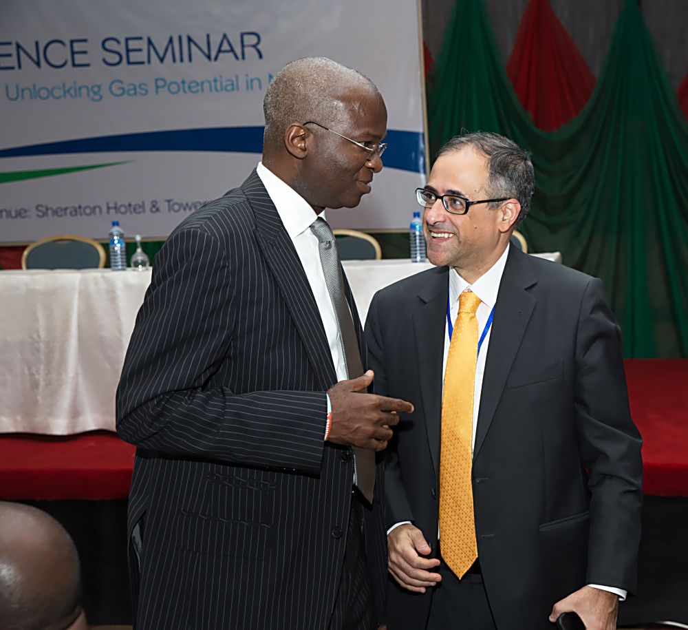 Hon.Minister of Power, Works & Housing, Mr Babatunde Fashola,SAN (left) and World Bank Country, Director, Mr Rachid Benmessaoud (right)  shortly after a presentation on "Power Sector Demand for Gas" by the Minister of Power, Works & Housing at the Gas Competence Seminar with the theme, "Towards Ending Gas Flaring and Unlocking Gas Potential in Nigeria" held at the Sheraton Hotel, Abuja on Tuesday 13th December 2016