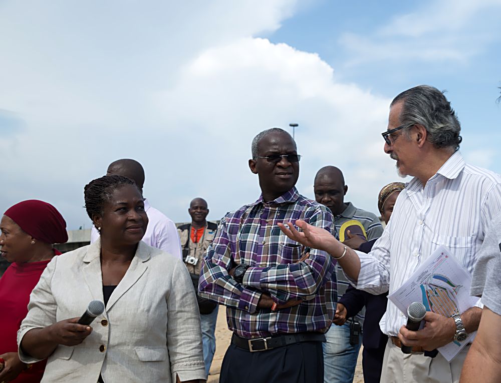 Hon.Minister of Power, Works & Housing, Mr Babatunde Fashola, SAN (middle), Acting Federal Controller of Works in Lagos, Engr. (Mrs) Osareme Osakue (left) and Director of Borini Prono & Co (Nig.) Limited, Arch. Paolo Prono(right)