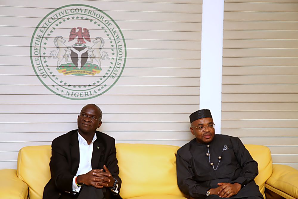 Hon. Minister of Power, Works & Housing, Mr Babatunde Fashola, SAN (left) and Governor of Akwa Ibom, Mr Udom Emmanuel (right) during a courtesy visit to the Akwa Ibom State House shortly after the official commissioning of the NIPP 330KV Switching StationÂ  and the 10th Â Monthly Meeting of the Hon. Minister with Operators in the Power Sector hostedÂ  by the Niger Delta Power Holding company Limited at the Ikot Ekpene NIPP 330 KV Switching Station, Ikot Ekpene, Akwa Ibom State on Monday 21st November, 2016.