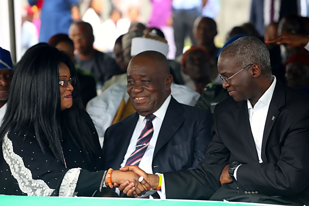 Hon . Minister of Power, Works & Housing, Mr Babatunde Fashola, SAN(right), Deputy Governor of Akwa Ibom, Mr Moses Frank Ekpo(middle) and MD/ CEO, Cartlark International Ltd, Engr. Maryam Akanmode (left) during the commissioning of the NIPP 330KV Switching StationÂ  by the Federal Government through the Niger Delta Power Holding Company Limited in Ikot Ekpene, Akwa Ibom State on Monday 21st November, 2016.