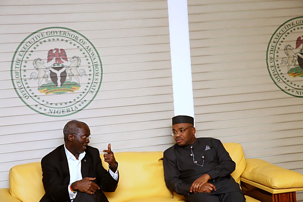 Hon. Minister of Power, Works & Housing, Mr Babatunde Fashola, SAN (left) and Governor of Akwa Ibom, Mr Udom Emmanuel (right) during a courtesy visit to the Akwa Ibom State House shortly after the official commissioning of the NIPP 330KV Switching StationÂ  and the 10th Â Monthly Meeting of the Hon. Minister with Operators in the Power Sector hostedÂ  by the Niger Delta Power Holding company Limited at the Ikot Ekpene NIPP 330 KV Switching Station, Ikot Ekpene, Akwa Ibom State on Monday 21st November, 2016.