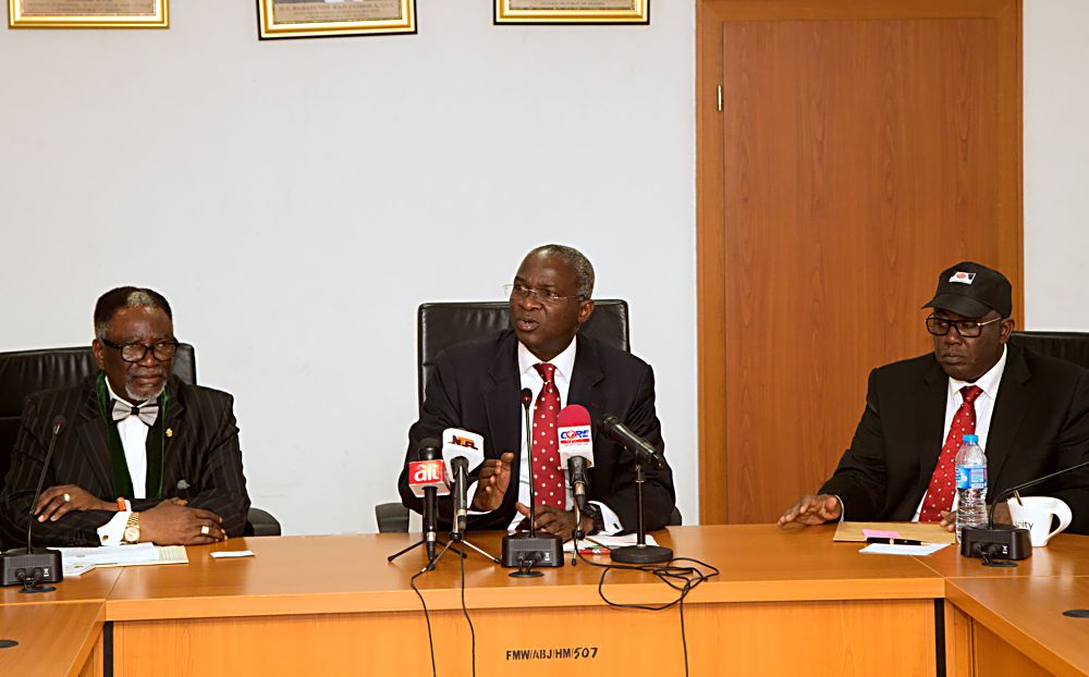 Hon. Minister of Power, Works & Housing , Mr Babatunde Fashola SAN(middle), Permanent Secretary in the Ministry,Engr. Abubakar Mogaji(right) and President, Nigerian Society of Engineers, Engr. Otis Anyaeji(left) during a courtesy visit to the Minister to discuss issues relating to infrastructure development and the role of Nigerian Engineers at the Ministry of Power, Works & HousingÂ  headquarters, Mabushi, Abuja on Tuesday 1st, November 2016.