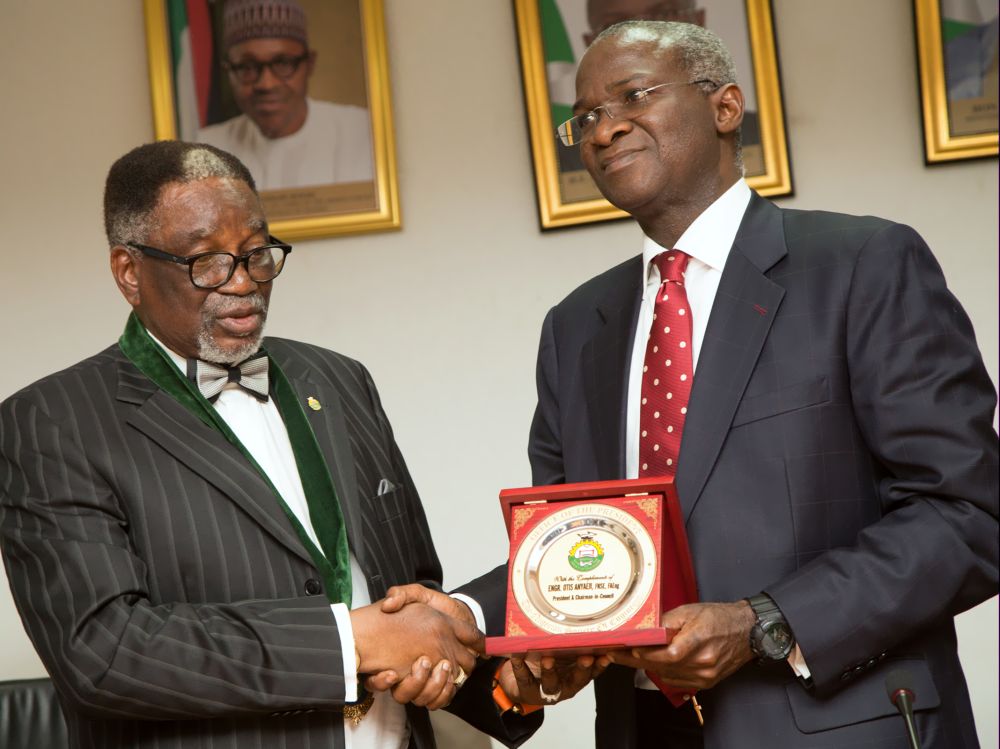 Hon. Minister of Power, Works & Housing , Mr Babatunde Fashola, SAN(right) and President, Nigerian Society of Engineers, Engr. Otis Anyaeji during a courtesy visit to the Minister to discuss issues relating to infrastructure development and the role of Nigerian Engineers at the Ministry of Power, Works & HousingÂ  headquarters, Mabushi, Abuja on Tuesday 1st, November 2016.